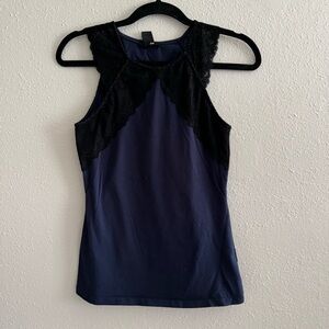 H&M Navy Tank Top with Black Lace Detail - Size S